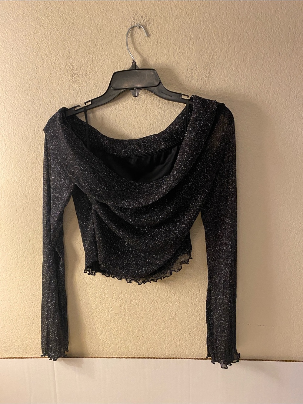 Black Sparkle Off-Shoulder Crop Top with Draped Neckline